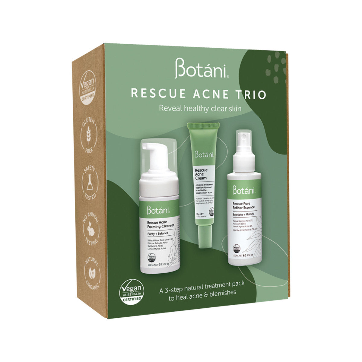 image of Botani Rescue Acne Trio Pack on white background 