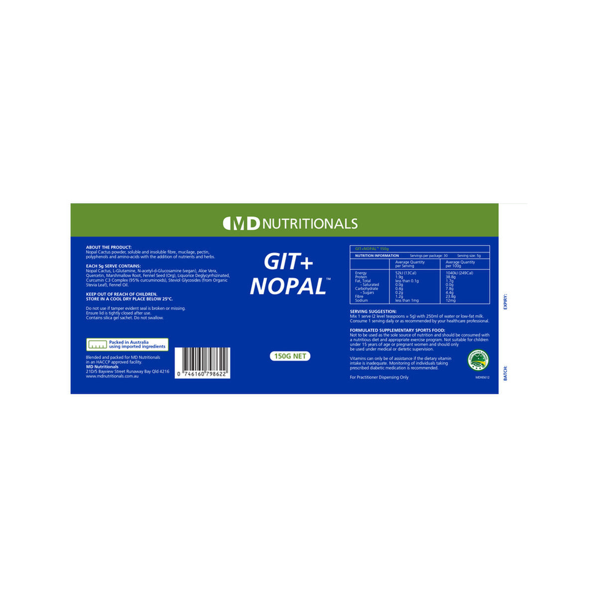 image of Md Nutritionals GIT + NOPAL Powder 150g Powder on white background 
