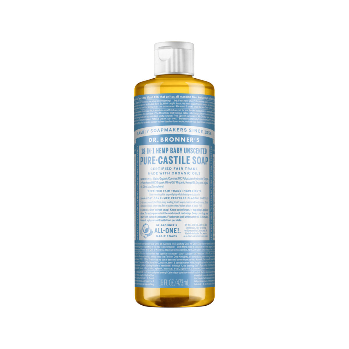image of Dr. Bronner's Pure-Castile Soap Liquid (Hemp 18-in-1) Baby Unscented 473ml on white background 
