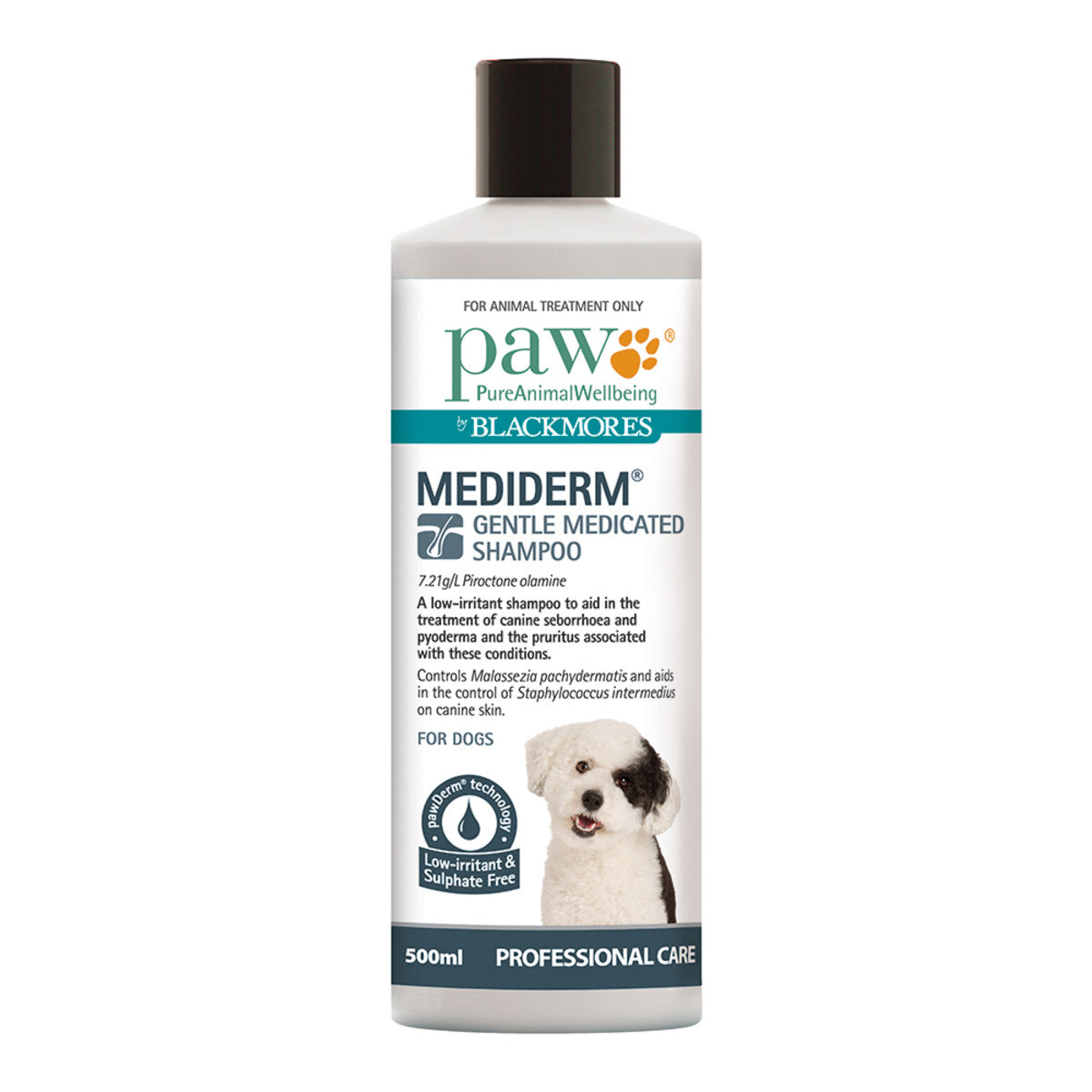 image of PAW By Blackmores MediDerm Gentle Medicated Shampoo for dogs 500ml on white background 