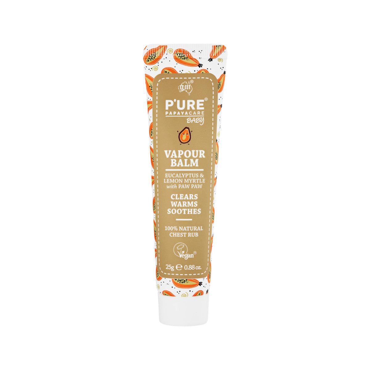 image of P'URE Papayacare Baby Vapour Balm (Eucalyptus & Lemon Myrtle with Paw Paw) 25g on white background 