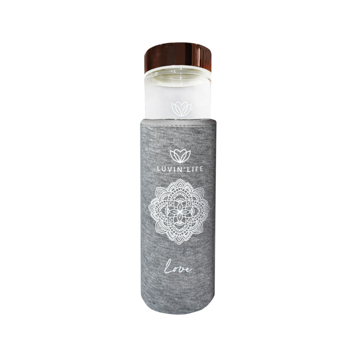 image of Luvin' Life Water Bottle Rose Quartz Crystals & Rose Gold 'Love' (Includes Sleeve) 550ml on white background 