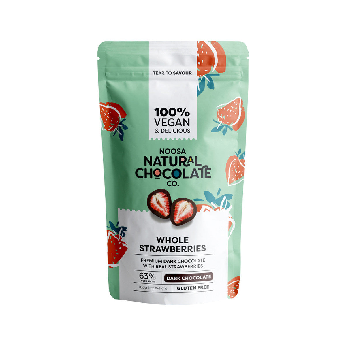 image of Noosa Natural Chocolate Co. Dark Chocolate Whole Strawberries 100g on white background
