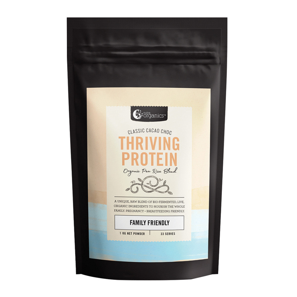 image of Nutra Organics Thriving Protein (Organic Pea Rice Blend) Cacao Choc 1kg on white background 