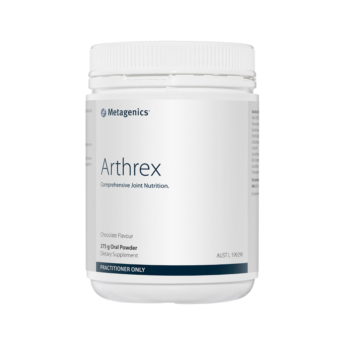 image of Metagenics Arthrex Chocolate Oral Powder 375g on white background