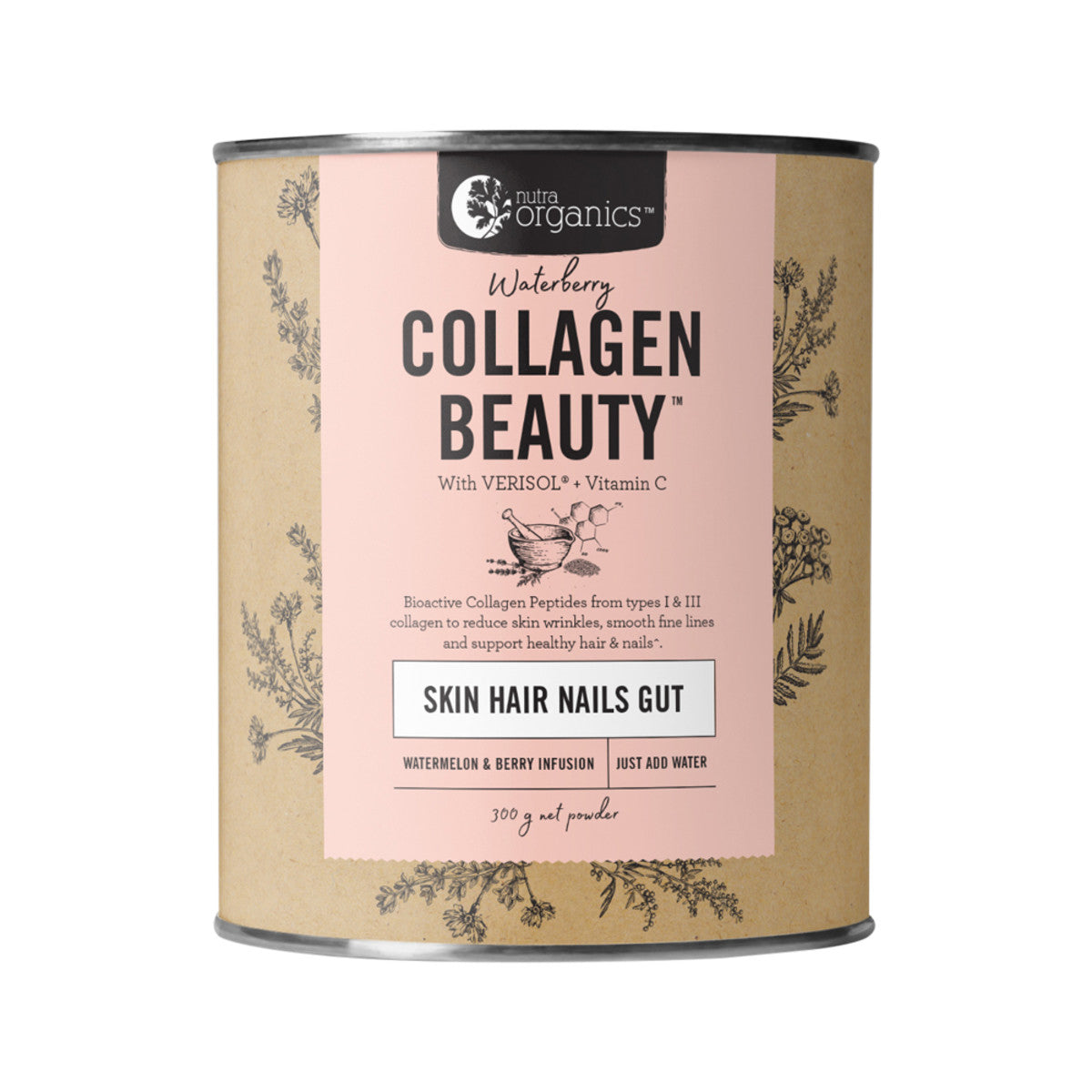 image of Nutra Organics Collagen Beauty with Verisol + Vitamin C (Skin Hair Nails Gut) Waterberry 300g on white background