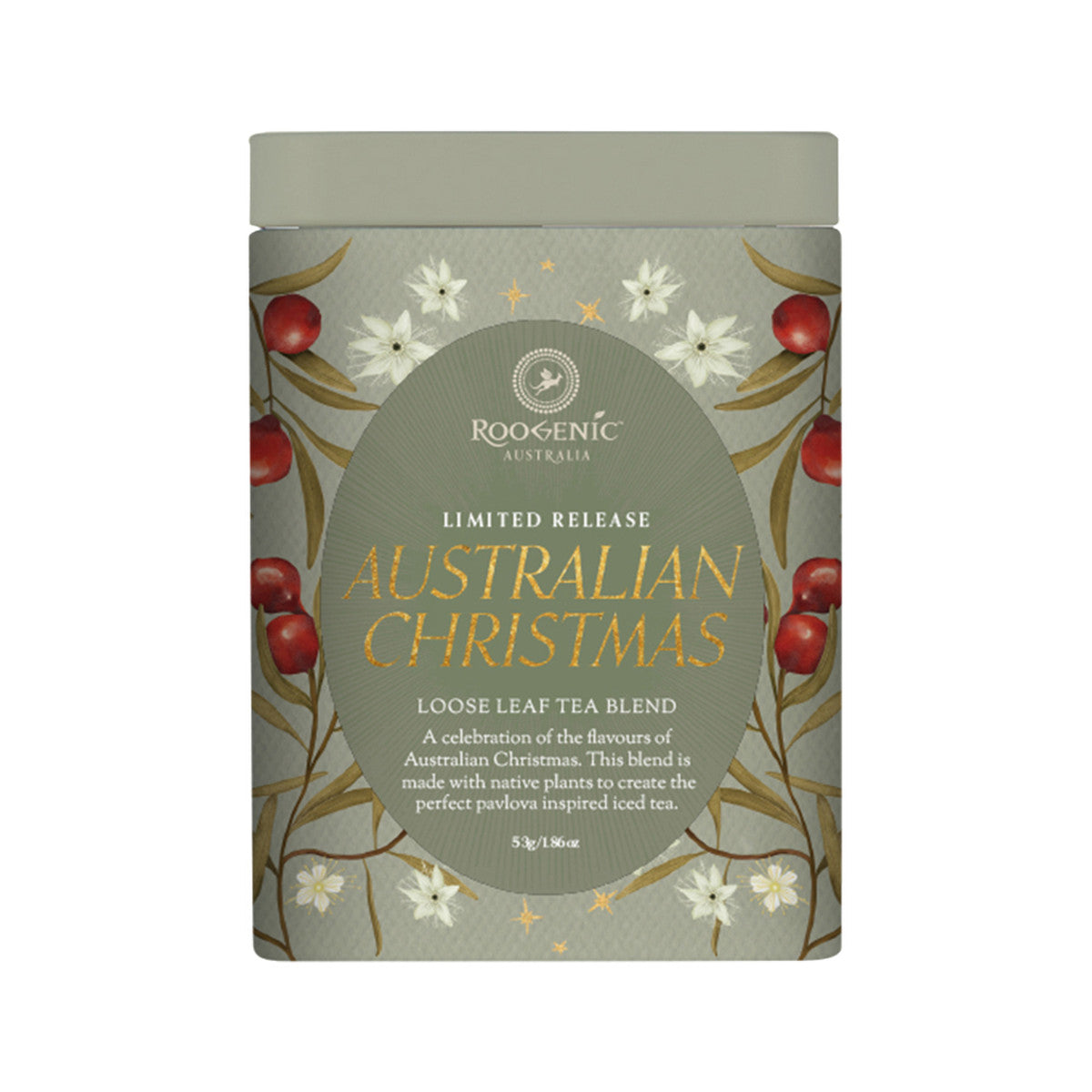 image of Roogenic Australia Australian Christmas Loose Leaf Tea Tin 56g with white background 
