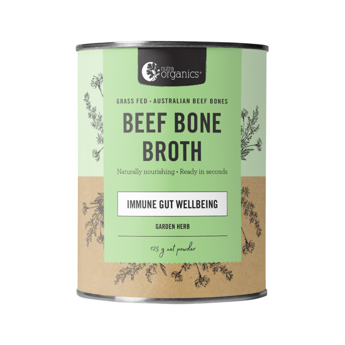 image of Nutra Organics Bone Broth Beef Garden Herb 125g on white background 