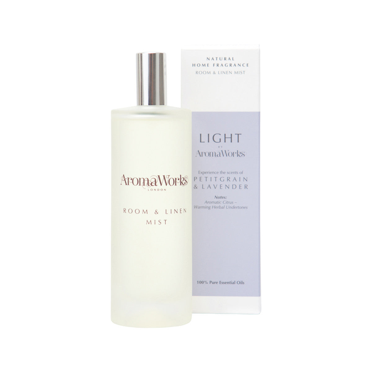 image of AromaWorks Light Room & Linen Mist Petitgrain & Lavender 100ml on white background