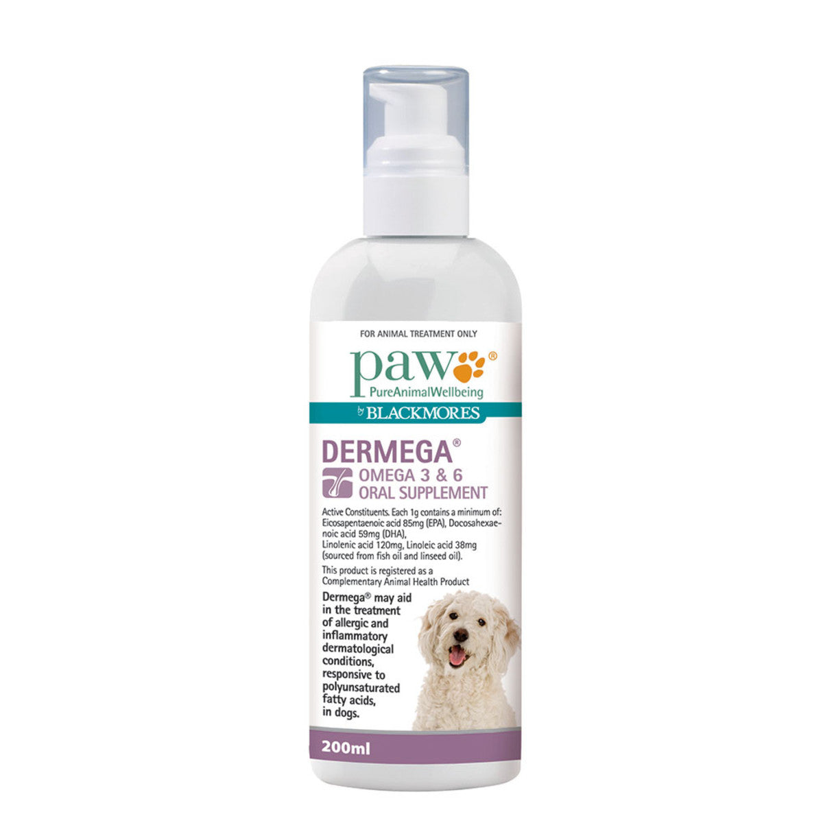 image of PAW By Blackmores Dermega Omega 3 & 6 Oral Supplement 200ml on white background 