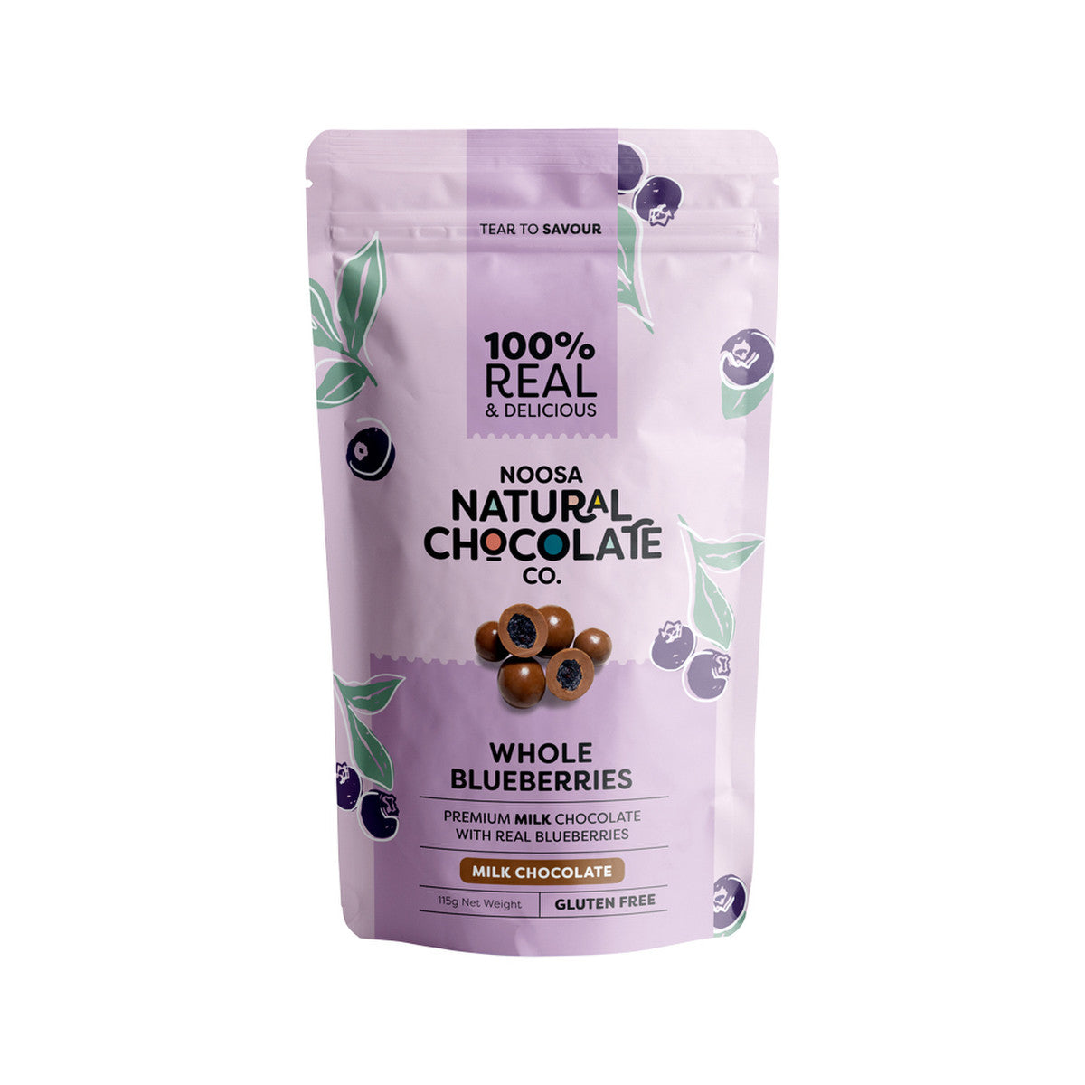 image of Noosa Natural Chocolate Co. Milk Chocolate Whole Blueberries 115g on white background