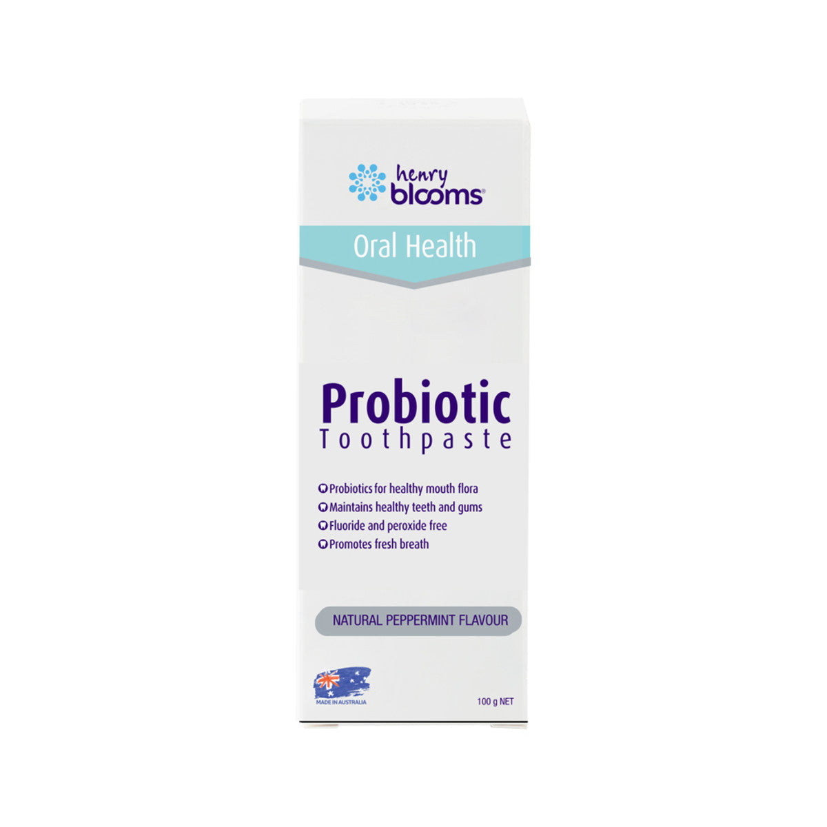 image of Henry Blooms Oral Health Probiotic Toothpaste Peppermint 100g on white background 