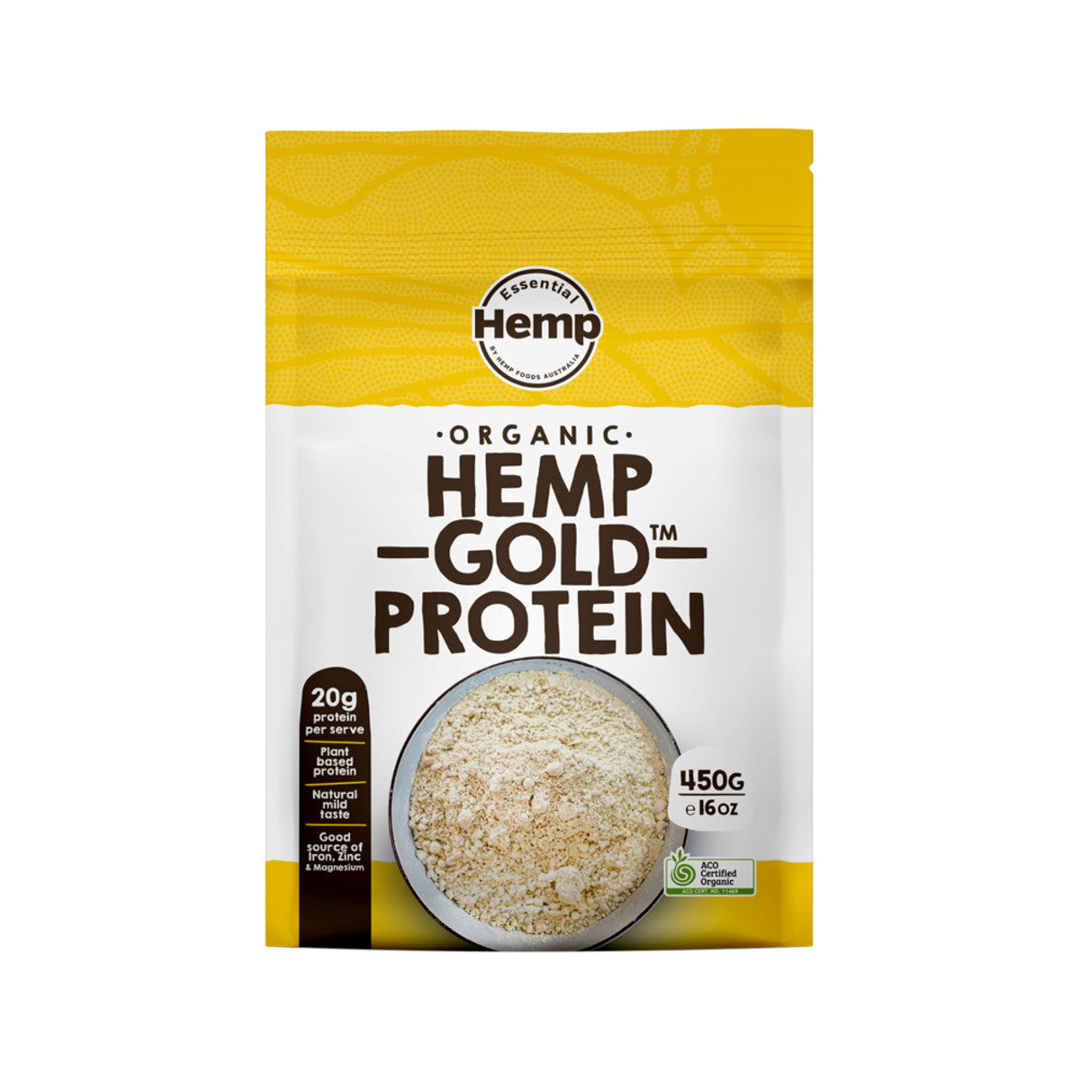 image of Essential Hemp Organic Hemp Protein Gold Powder 450g on white background 