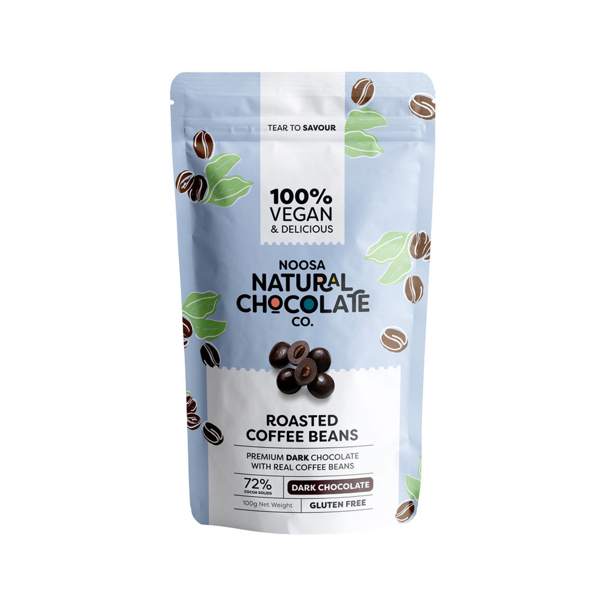 image of Noosa Natural Chocolate Co. Dark Chocolate Roasted Coffee Beans 100g on white background 
