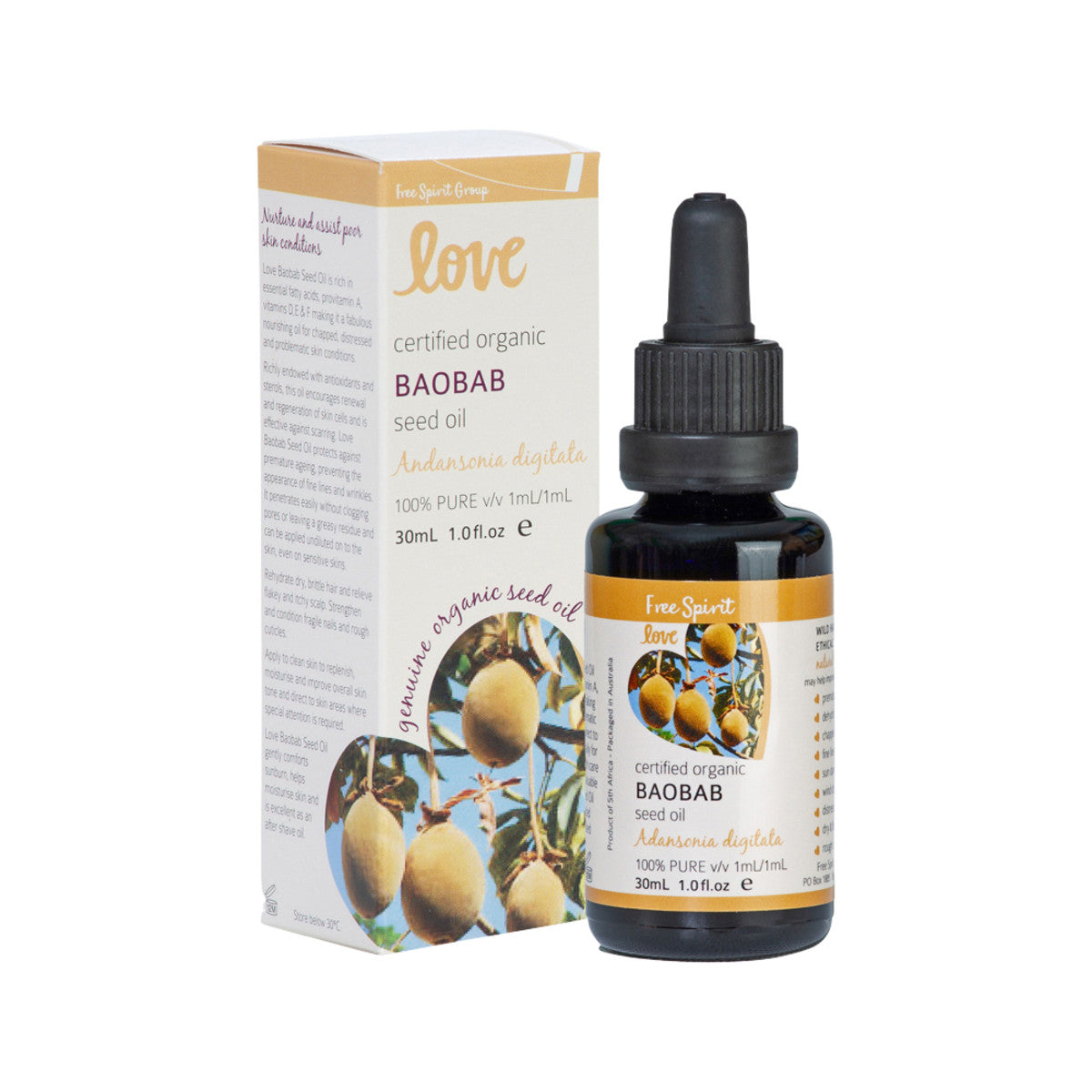 image of Free Spirit Love Certified Organic 100% Pure Baobab Seed Oil 30ml on white background 