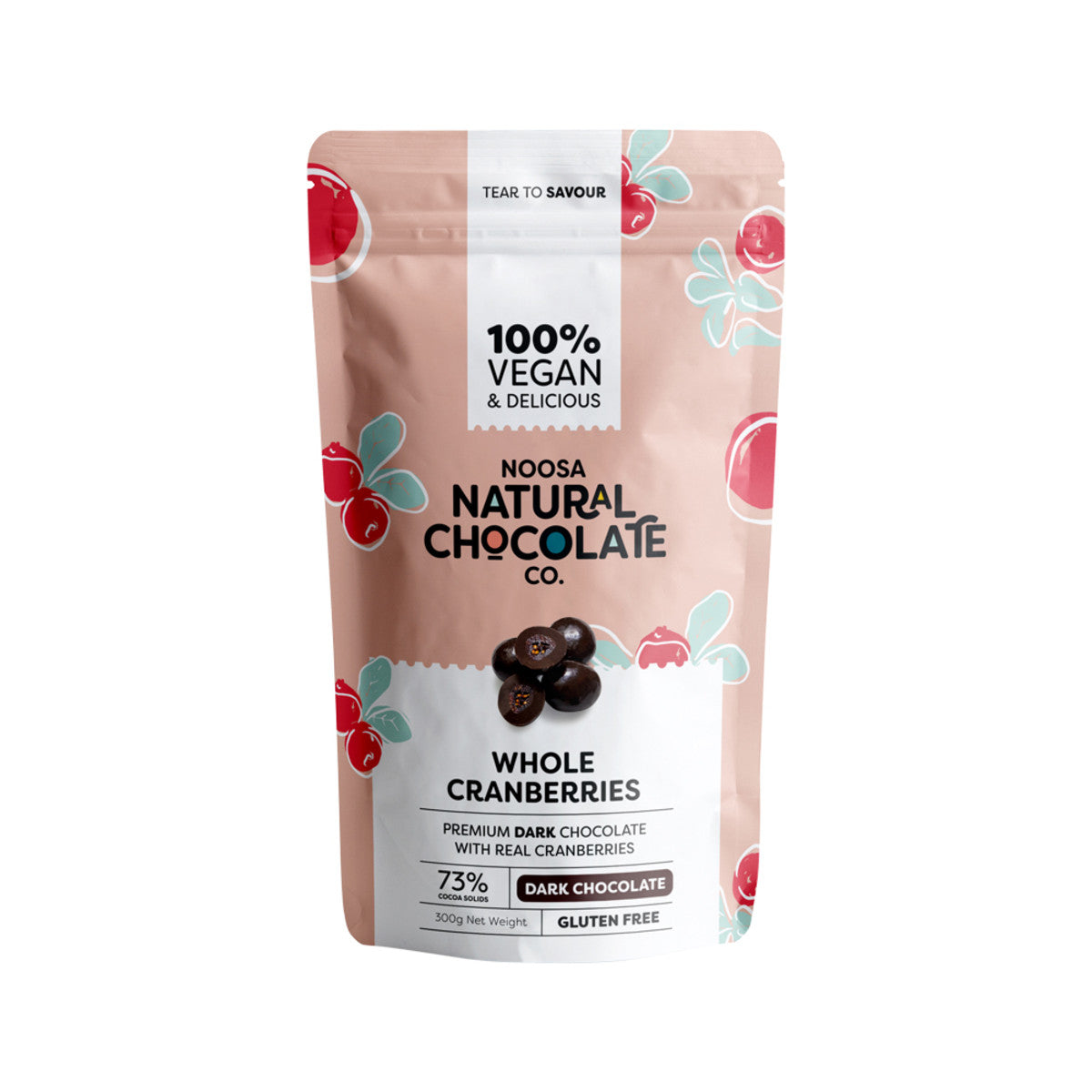 image of Noosa Natural Chocolate Co. Dark Chocolate Whole Cranberries 300g on white background