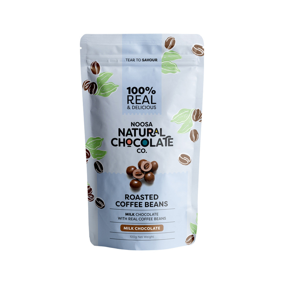 image of Noosa Natural Chocolate Co. Milk Chocolate Roasted Coffee Beans 100g on white background 
