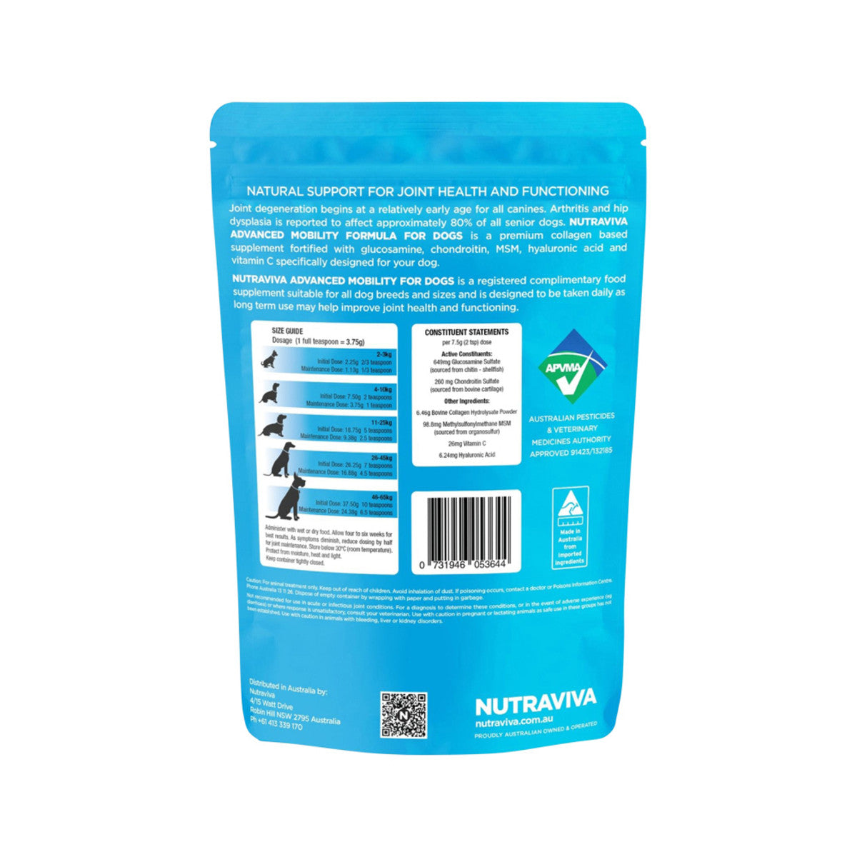 image of NutraViva Pet Advanced Mobility Formula For Dogs (Wet & Dry Food Enhancer) 250g on white background