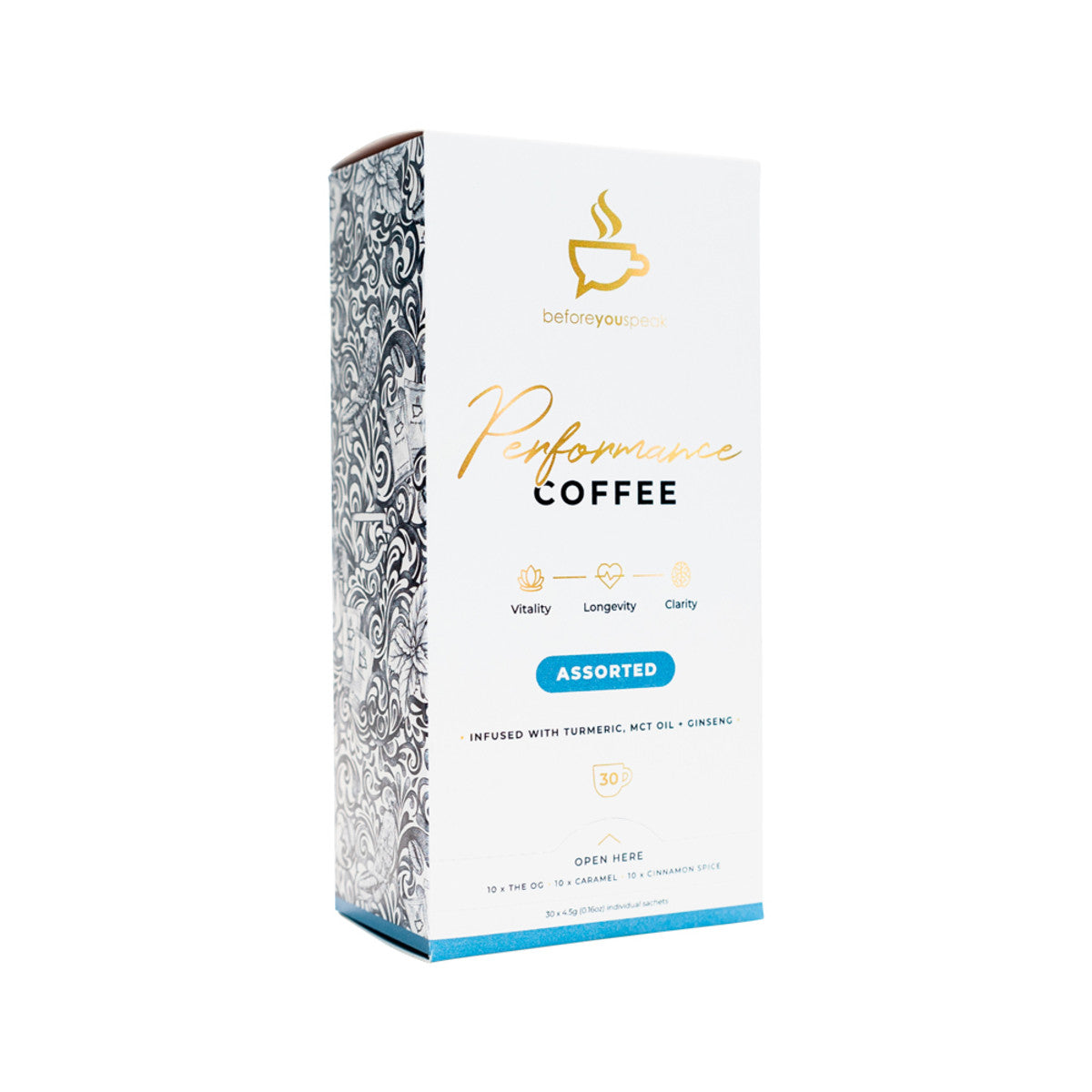 image of Before You Speak Performance Coffee Assorted 4.5g x 30 Pack (contains: 10 x OG, Caramel & Cinnamon Spice) on white background