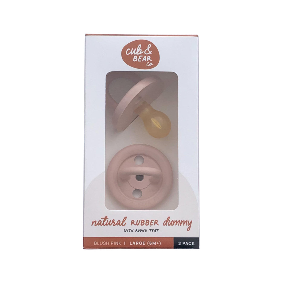 image of Cub & Bear Co Natural Rubber Dummy Round Teat Large (6+ Months) Blush Pink Twin Pack on white background