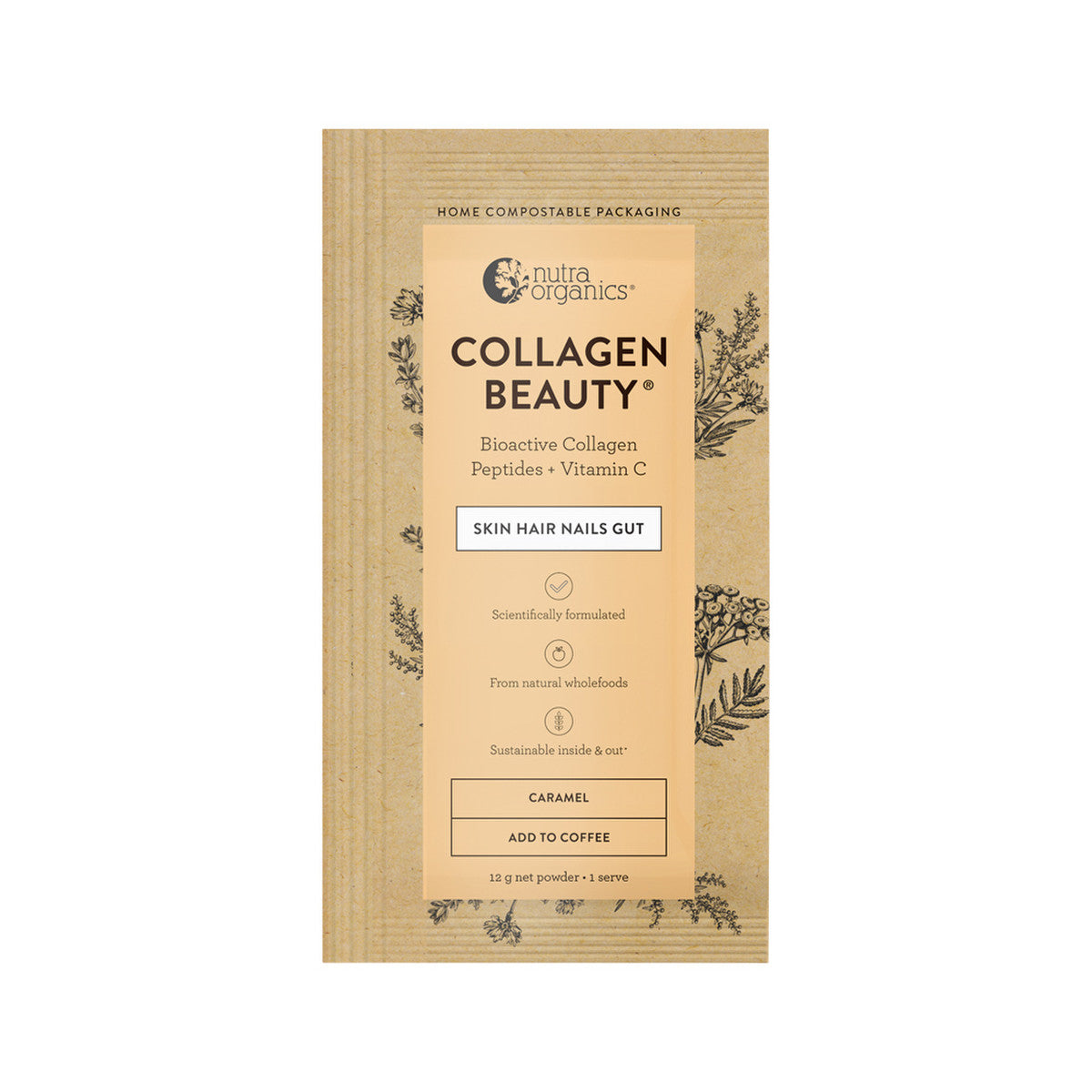 image of Nutra Organics Collagen Beauty (For Coffee) with Bioactive Collagen Peptides + Vitamin C Caramel Sachets 12g x 10 Pack on white background