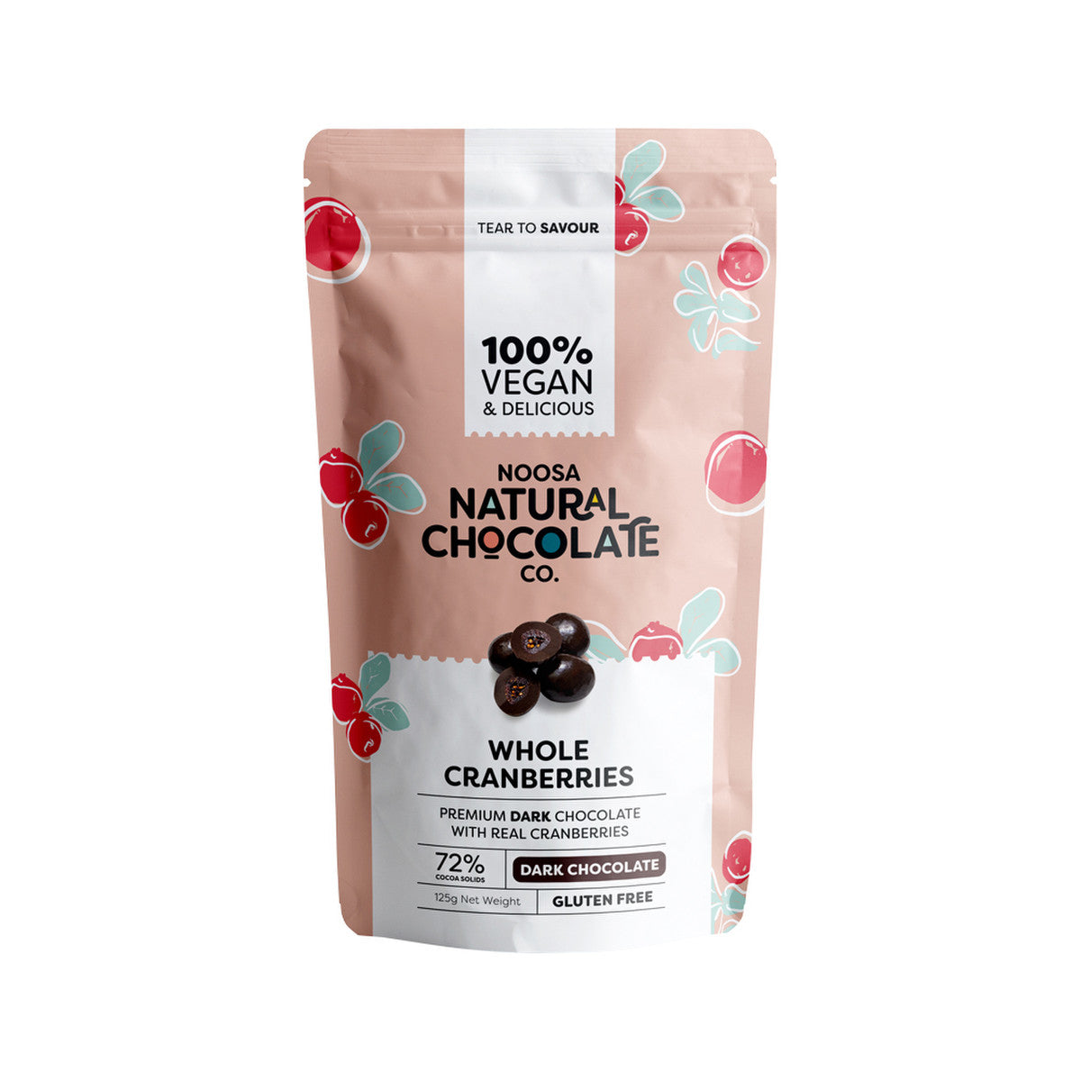 image of Noosa Natural Chocolate Co. Dark Chocolate Whole Cranberries 125g on white background