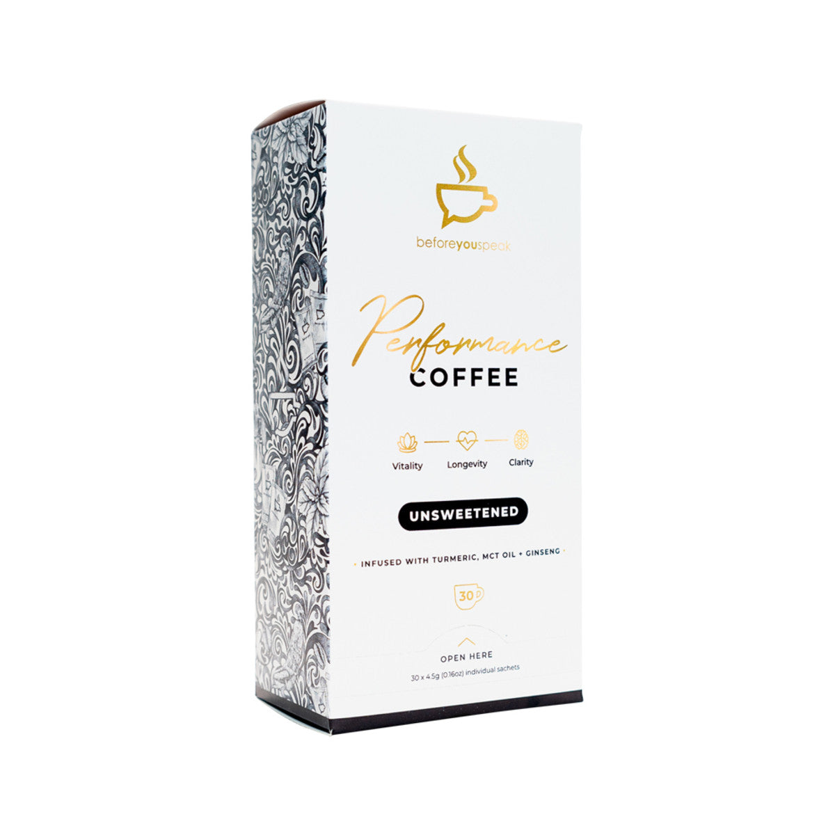 image of Before You Speak Performance Coffee Unsweetened 4.5g x 30 Pack on white background