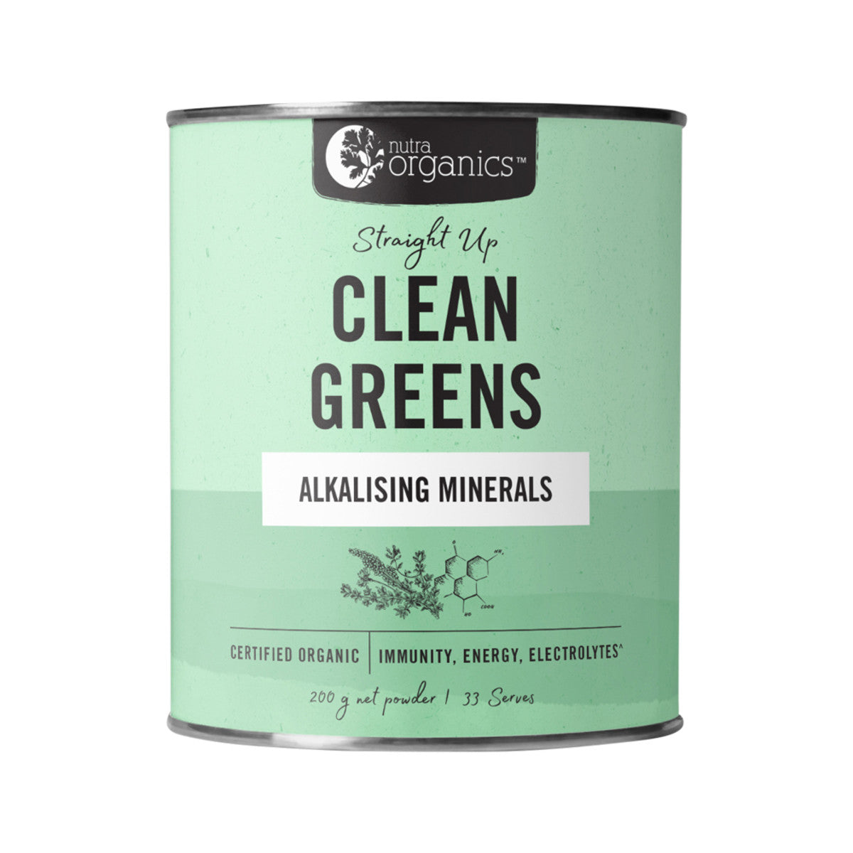 image of Nutra Organics Clean Greens Straight Up 200g on white background 