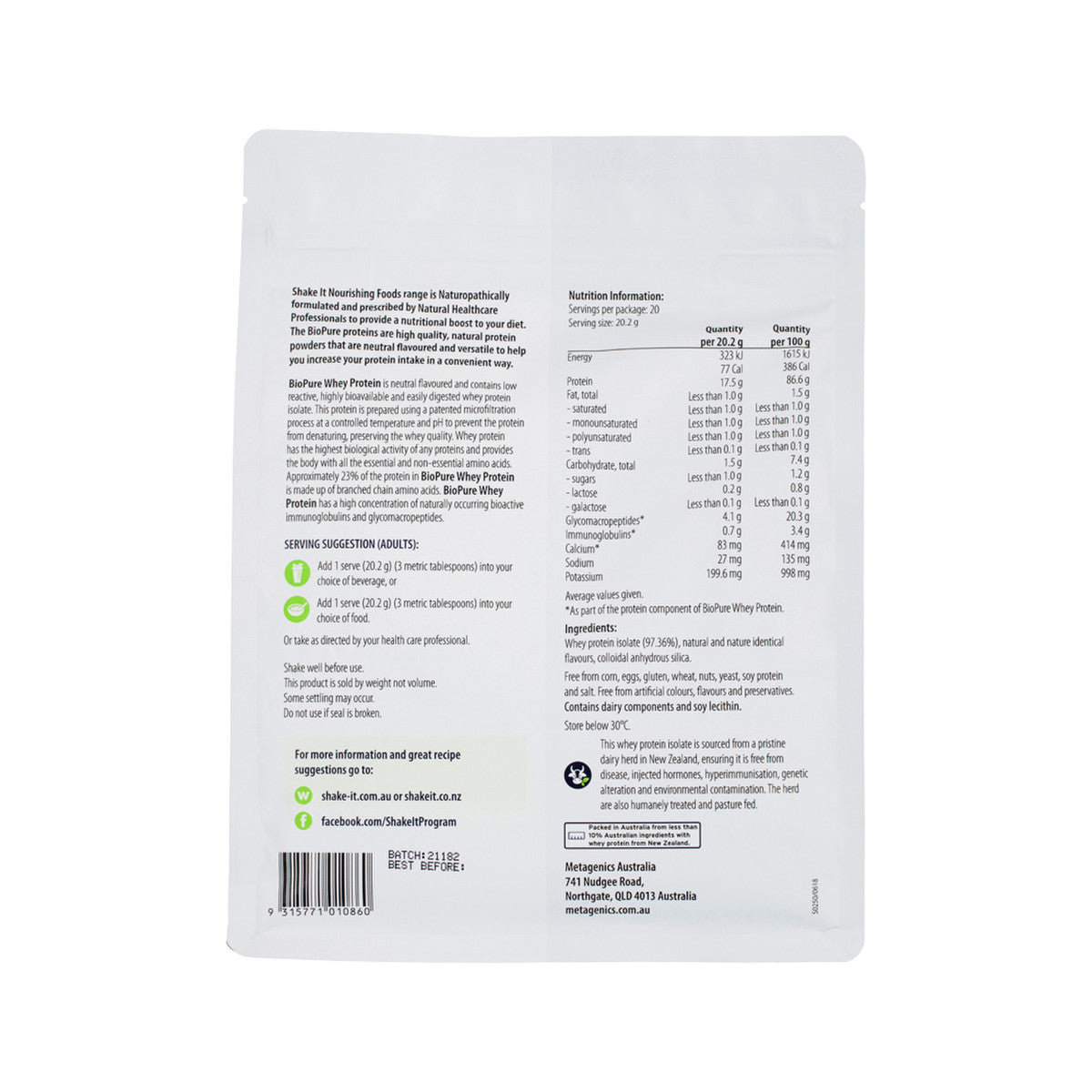 image of Metagenics BioPure Whey Protein 404g on white background