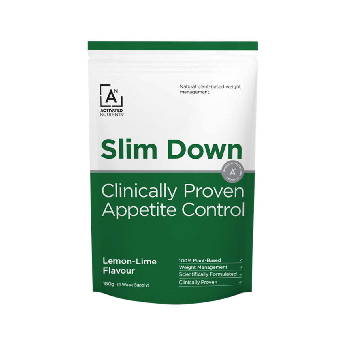 image of Activated Nutrients Slim Down (Clinically Proven Appetite Control) Lemon-Lime 180g on white background 