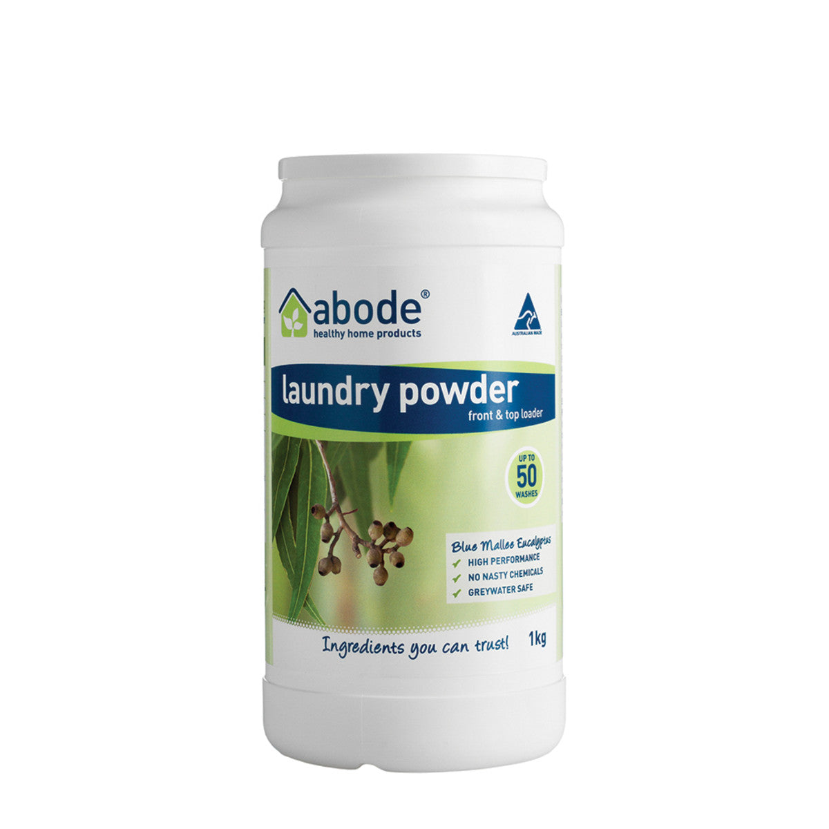image of Abode Laundry Powder (Front & Top Loader) Blue Mallee Eucalyptus 1kg on white background