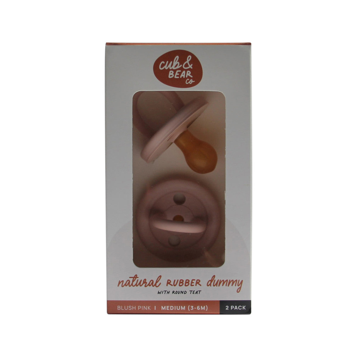 image of Cub & Bear Co Natural Rubber Dummy Round Teat Medium (3-6 Months) Blush Pink Twin Pack on white background 