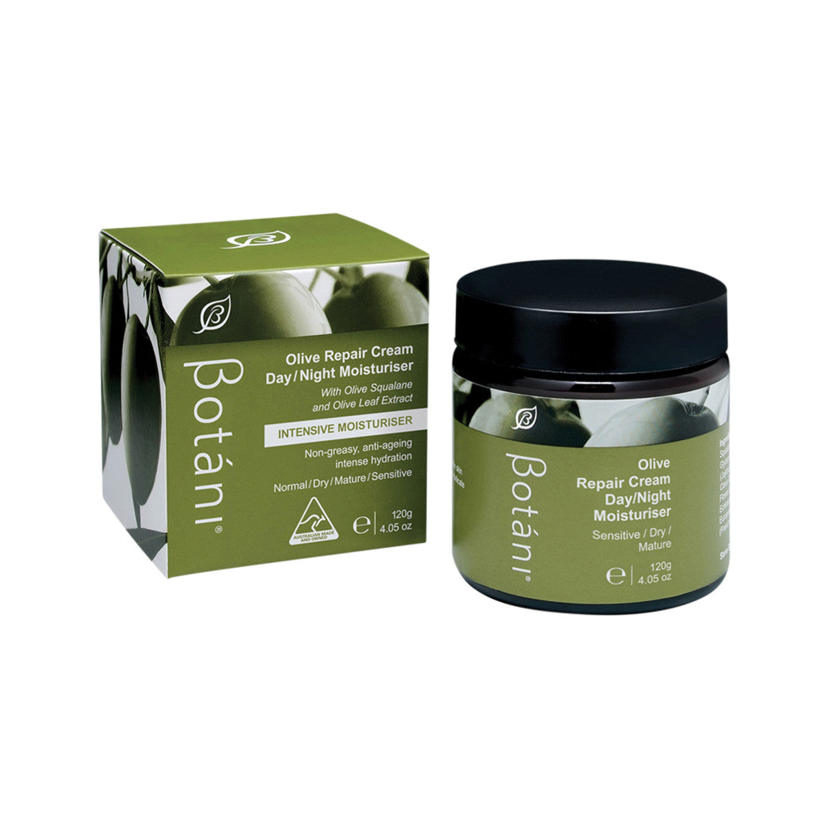 image of Botani Olive Repair Cream Day/Night Moisturiser (Sensitive/Dry/Mature) 120g on white background 