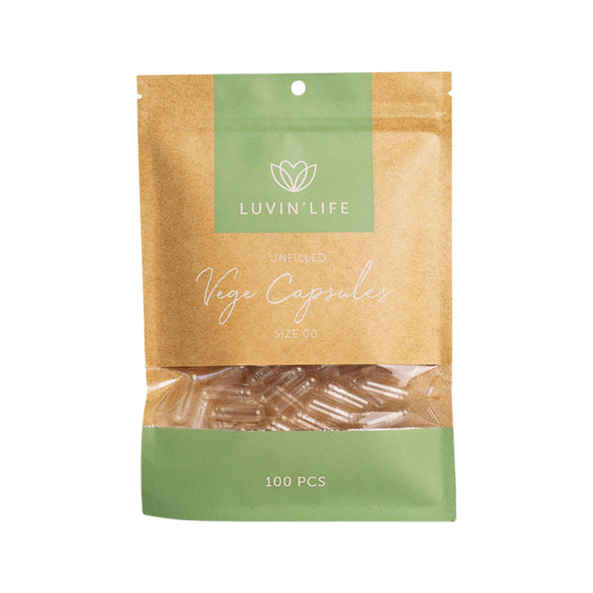 image of Luvin' Life Unfilled Vege Capsules Size '00' x 100 Pack on white background 