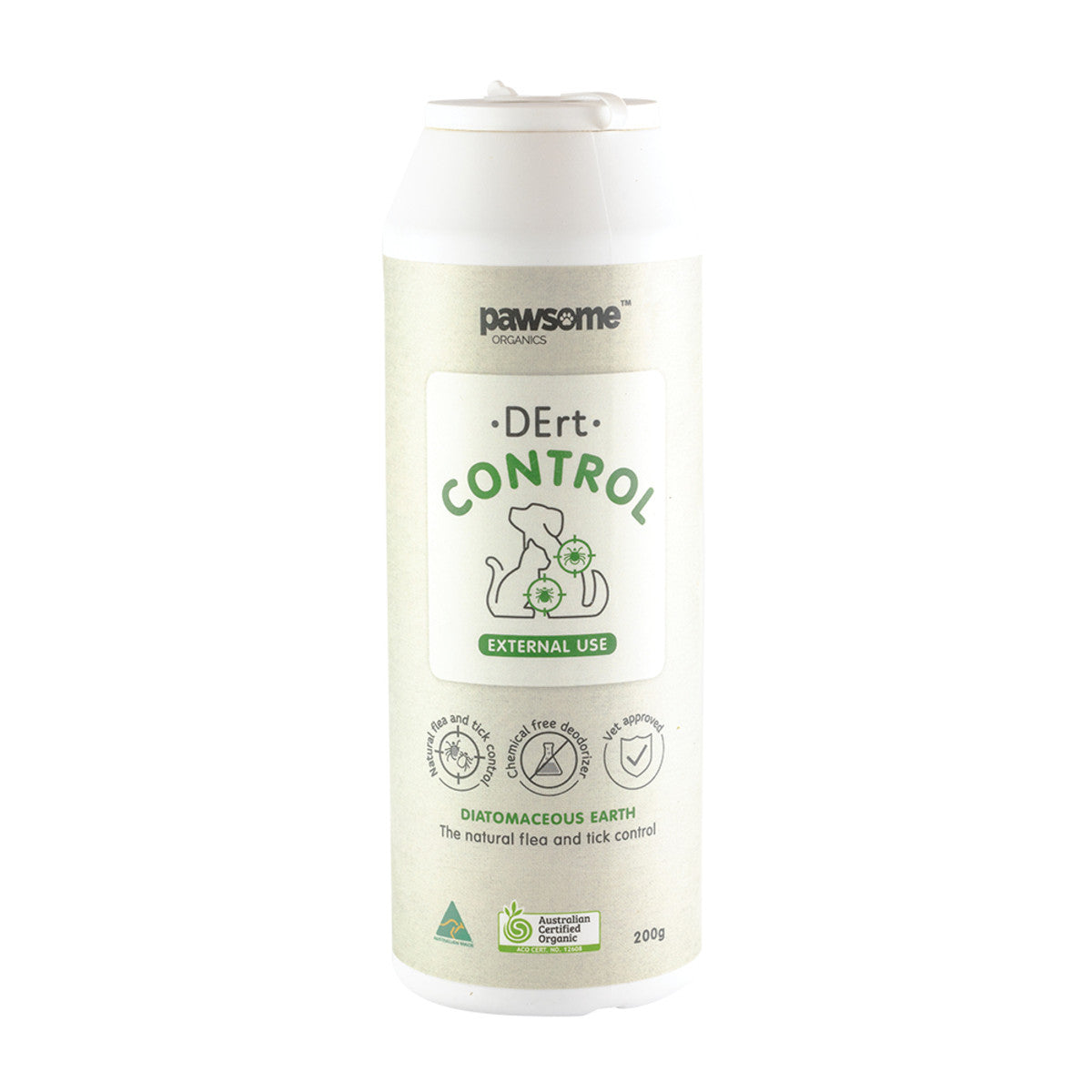 image of Pawsome Organics Pet DErt Control Flea & Tick Control 200g on white background 