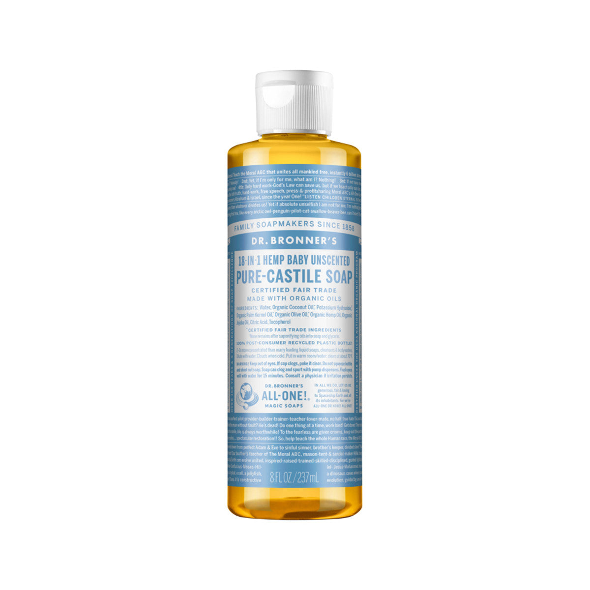 image of Dr. Bronner's Pure-Castile Soap Liquid (Hemp 18-in-1) Baby Unscented 237ml on white background 