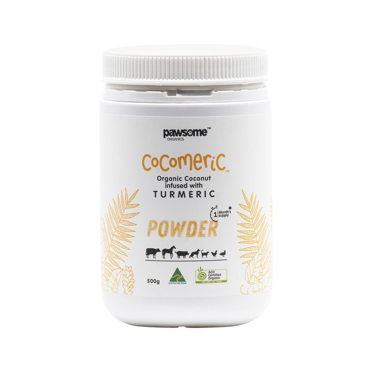 image of Pawsome Organics Cocomeric Powder 500g on white background