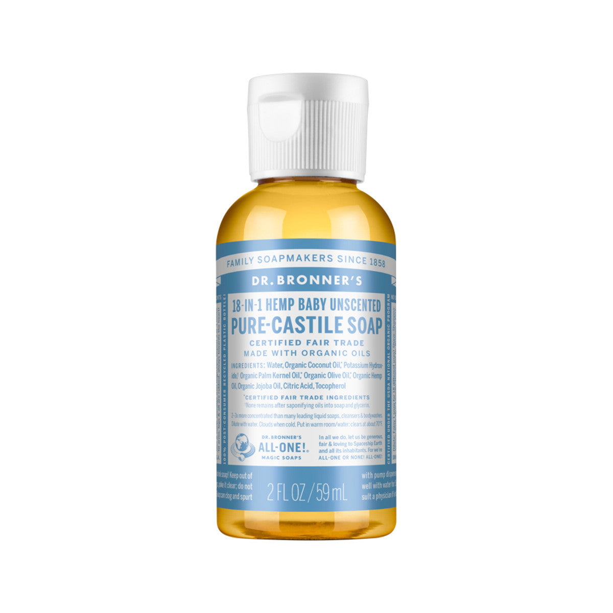 image of Dr. Bronner's Pure-Castile Soap Liquid (Hemp 18-in-1) Baby Unscented 59ml on white background 