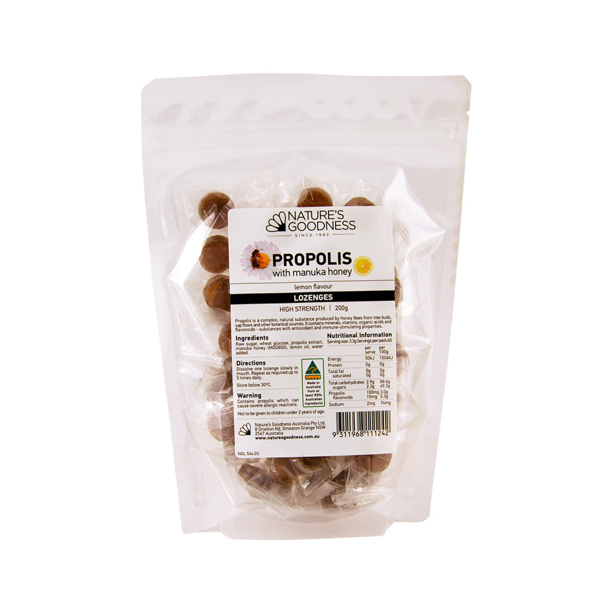 image of Nature's Goodness Propolis with Manuka Honey Lozenges (High Strength) Lemon Flavour 200g on white background
