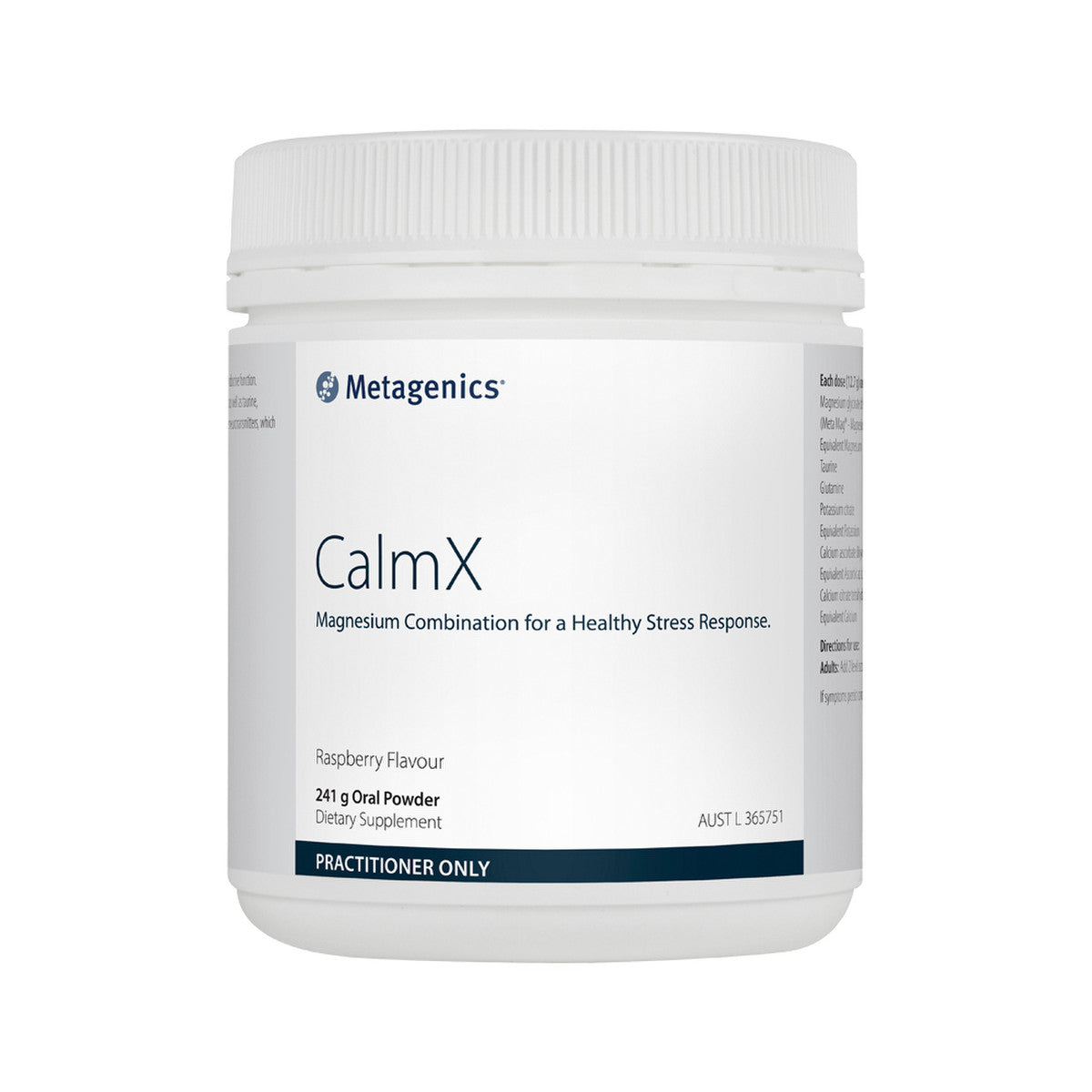 image of Metagenics CalmX Raspberry Powder 241g on white background