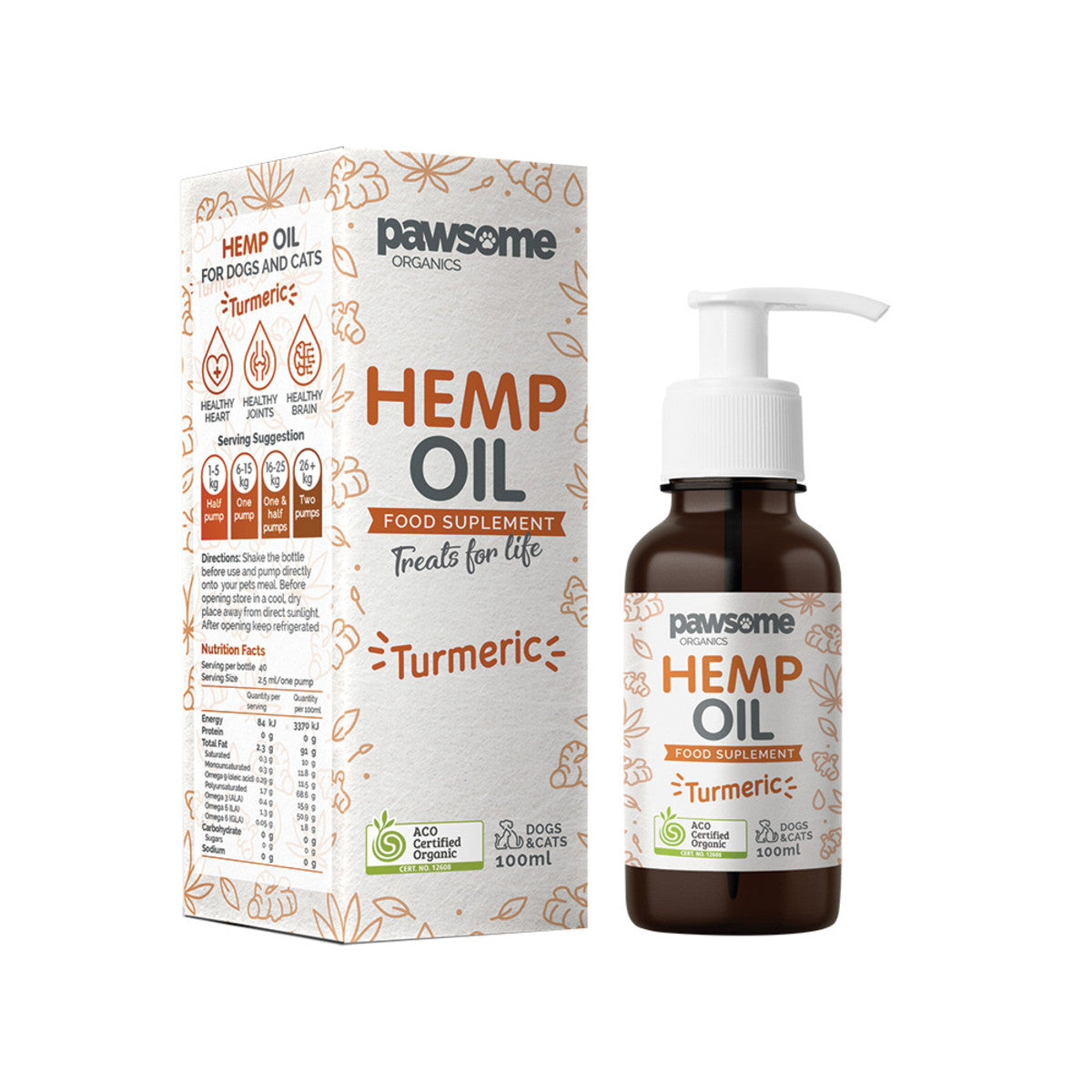 image of Pawsome Organics Pet Hemp Oil Turmeric 100ml on white background 