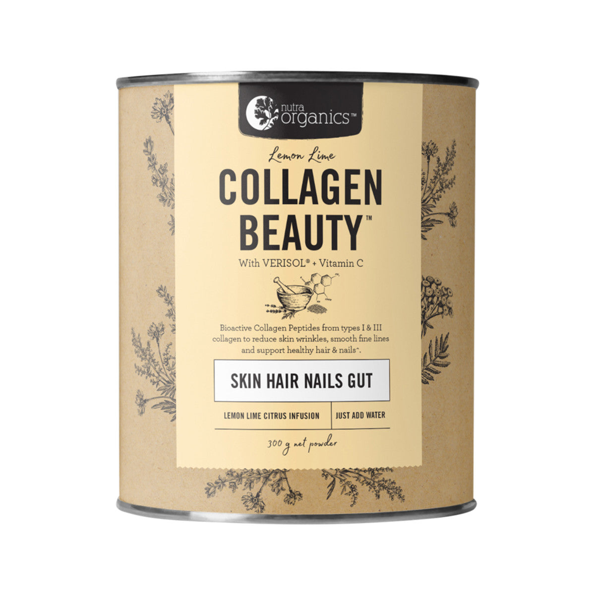 image of Nutra Organics Collagen Beauty with Verisol + Vitamin C (Skin Hair Nails Gut) Lemon Lime 300g on white background 