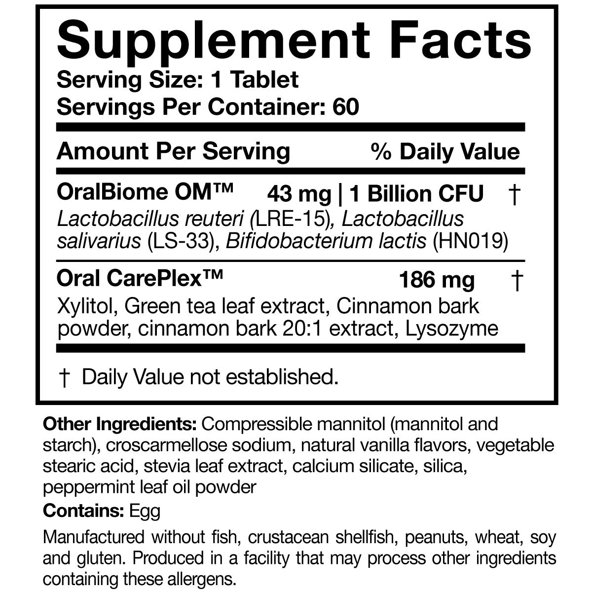 image of Researched Nutritionals OraMax 60t supplement facts on white background  Edit alt text