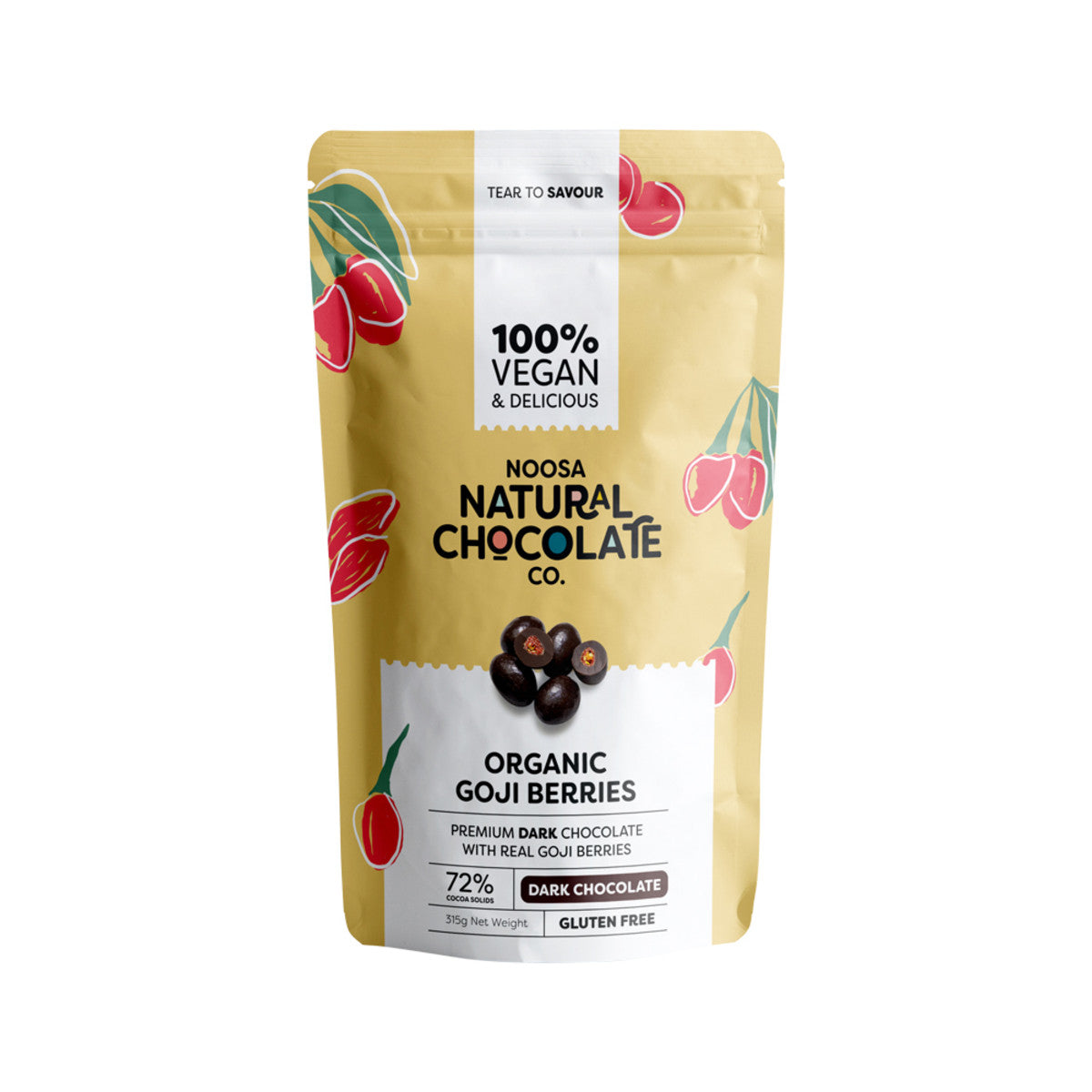 image of Noosa Natural Chocolate Co. Dark Chocolate Organic Goji Berries 315g on white background 
