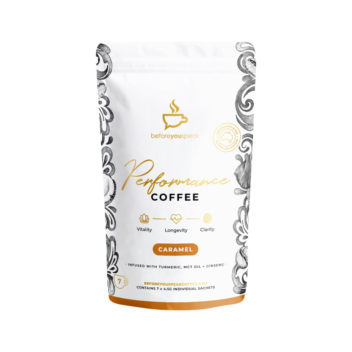 image of Before You Speak Performance Coffee Caramel 4.5g x 7 Pack on white background