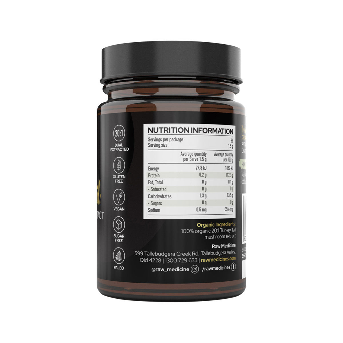 image of Raw Medicine Organic Mushroom Extract Turkey Tail 50g on white background