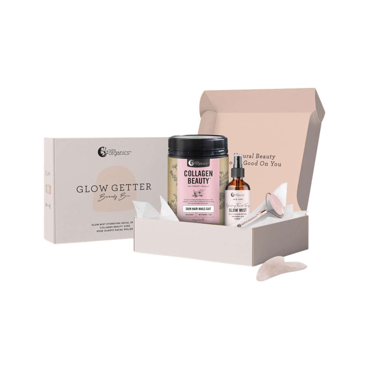image of Nutra Organics Glow Getter Beauty Box with Gua Shu (Collagen Glow Mist,Collagen Beauty 225g,Gua Sha) on white background 