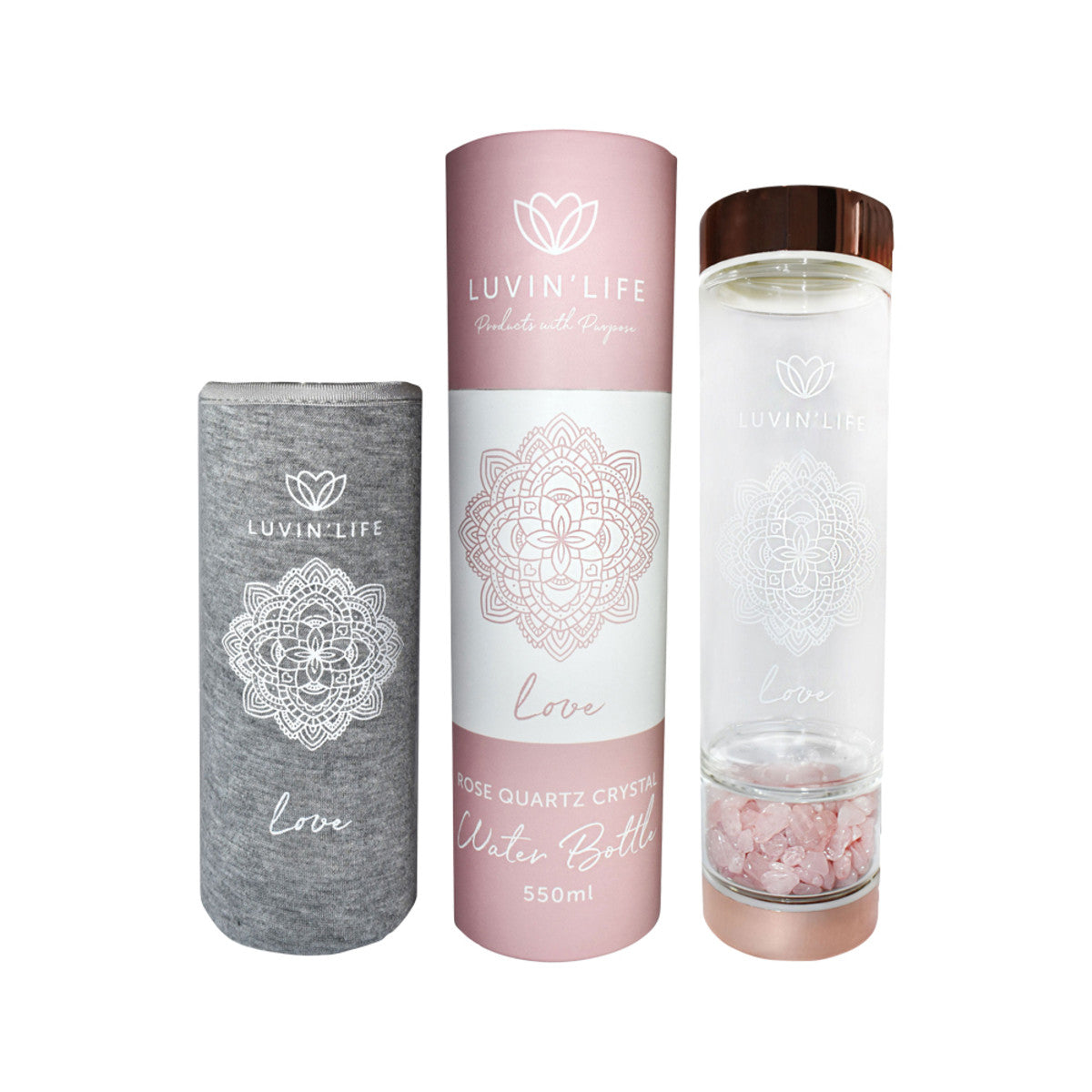 image of Luvin' Life Water Bottle Rose Quartz Crystals & Rose Gold 'Love' (Includes Sleeve) 550ml on white background 