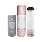 image of Luvin' Life Water Bottle Rose Quartz Crystals & Rose Gold 'Love' (Includes Sleeve) 550ml on white background 