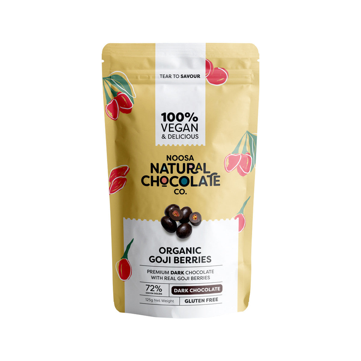 image of Noosa Natural Chocolate Co. Dark Chocolate Organic Goji Berries 125g on white background 